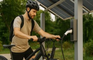 Rider charging an electric bicycle using a solar-powered station.