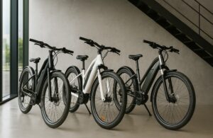 Lineup of three latest e-bikes in a modern showroom.