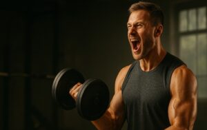 Person lifting weights with energized expression after taking pre workout